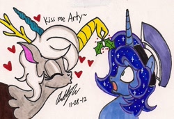 Size: 948x648 | Tagged: safe, artist:newyorkx3, character:discord, character:princess luna, oc:eris, species:pony, ship:lunacord, artemabetes, arteris, cute, dialogue, eyes closed, female, heart, holly, holly mistaken for mistletoe, male, prince artemis, rule 63, rule63betes, shipping, simple background, stallion, straight, traditional art, white background