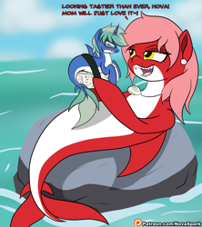 Size: 1600x1800 | Tagged: safe, artist:novaspark, oc, oc only, oc:nova spark, oc:red tide, blushing, dialogue, embarrassed, fangs, food, imminent vore, jewelry, original species, patreon, patreon logo, ponies in food, shark pony, size difference, sushi, sushi pony
