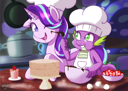 Size: 4000x2857 | Tagged: safe, artist:danmakuman, character:spike, character:starlight glimmer, species:dragon, species:pony, species:unicorn, apron, baby, baby dragon, baking, bowl, cake, chef's hat, chocolate, clothing, commission, cooking, cute, dessert, egg, egg shells, female, flour, food, friendshipping, frosting, gem, glimmerbetes, hair flip, hair over one eye, hat, jewels, kitchen, male, mare, messy, one eye closed, open mouth, pans, playful, pot, signature, spikabetes, spoon, strawberry, twilight's castle