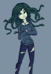 Size: 588x849 | Tagged: safe, artist:wubcakeva, oc, oc only, oc:medusa, my little pony:equestria girls, anime style, casual, clothing, crossed arms, equestria girls-ified, gorgon, gray background, hoodie, medusa, pants, simple background, solo