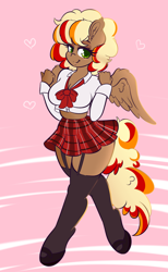 Size: 1182x1920 | Tagged: safe, artist:wickedsilly, oc, oc only, oc:cheese breeze, species:anthro, species:pegasus, species:pony, species:unguligrade anthro, anthro oc, clothing, female, garters, mare, school uniform, smiling, solo