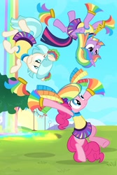 Size: 1600x2400 | Tagged: safe, artist:pixelkitties, character:coco pommel, character:pinkie pie, character:twilight sparkle, character:twilight sparkle (alicorn), species:alicorn, species:earth pony, species:pony, episode:rainbow falls, g4, my little pony: friendship is magic, cheerleader, cheerleader outfit, cheerleader pinkie, cheerleader sparkle, clothing, female, mare, rainbow waterfall, show accurate, skirt
