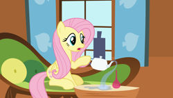 Size: 11200x6300 | Tagged: safe, artist:parclytaxel, character:fluttershy, species:pegasus, species:pony, absurd resolution, ain't never had friends like us, bottle, everything is ruined, female, fluttershy's cottage, hoof hold, how, lounge chair, mare, pouring, puddle, sitting, solo, spill, table, teapot, utah teapot, vector, water