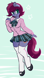 Size: 1098x1920 | Tagged: safe, artist:wickedsilly, oc, oc only, oc:blazing heart, species:anthro, species:earth pony, species:pony, species:unguligrade anthro, anthro oc, clothing, commission, female, mare, school uniform, smiling, solo