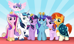 Size: 1024x609 | Tagged: safe, artist:jhayarr23, character:princess cadance, character:princess flurry heart, character:shining armor, character:starlight glimmer, character:sunburst, character:twilight sparkle, character:twilight sparkle (alicorn), oc, oc:sierra nightingale, self insert, species:alicorn, species:pony, species:unicorn, alicorn oc, alicornified, canon x oc, crown, equestrian pink heart of courage, female, jewelry, male, mare, new crown, race swap, regalia, socks (coat marking), stallion, sunburst background