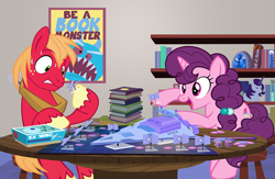 Size: 1000x652 | Tagged: safe, artist:pixelkitties, character:big mcintosh, character:sugar belle, species:earth pony, species:pony, species:unicorn, ship:sugarmac, abobo, book, bookshelf, crossover, female, male, mare, shipping, show accurate, stallion, star wars, straight, table, tabletop gaming