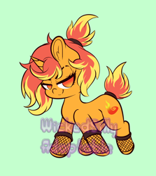 Size: 3946x4423 | Tagged: safe, artist:wickedsilly, oc, oc only, species:pony, species:unicorn, absurd resolution, adoptable, advertisement, auction, elemental pony, female, fire, fishnets, green background, looking at you, mare, obtrusive watermark, simple background, smiling, smirk, smug, solo, watermark