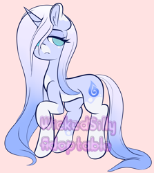 Size: 3946x4423 | Tagged: safe, artist:wickedsilly, oc, oc only, species:pony, species:unicorn, absurd resolution, adoptable, advertisement, auction, elemental pony, female, hair over one eye, looking at you, mare, obtrusive watermark, pink background, simple background, solo, water, watermark
