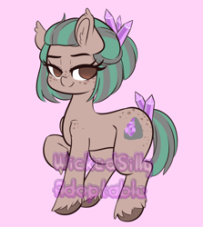 Size: 3946x4423 | Tagged: safe, artist:wickedsilly, oc, oc only, oc:prisma amethyst, species:earth pony, species:pony, absurd resolution, adoptable, advertisement, auction, earth, elemental pony, female, looking at you, mare, obtrusive watermark, pink background, simple background, smiling, solo, watermark
