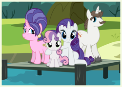 Size: 7000x5000 | Tagged: safe, artist:dashiesparkle, artist:mundschenk85, character:cookie crumbles, character:hondo flanks, character:rarity, character:sweetie belle, species:pony, absurd resolution, family, father and daughter, female, like father like daughter, like mother like daughter, male, mother and daughter, pier, rarity's parents, siblings, sisters, sitting, vector