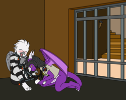 Size: 1200x950 | Tagged: safe, artist:linedraweer, oc, oc only, oc:gina, oc:iris, species:anthro, species:dragon, species:griffon, anthro oc, bdsm, bondage, cell, clothing, commission, cuffs, dragon oc, dungeon, female, griffon oc, handcuffed, hogtied, police uniform, prison, prison outfit, restrained, restraints, sheriff, stairs, tickle torture, tickling, tied up, wings