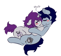 Size: 500x462 | Tagged: safe, artist:wickedsilly, oc, oc only, oc:sleepy head, oc:wicked silly, species:pony, species:unicorn, blushing, couple, cute, dialogue, eyes closed, female, hug, kissing, male, mare, oc x oc, shipping, simple background, smiling, stallion, straight, white background, wickedsleepy