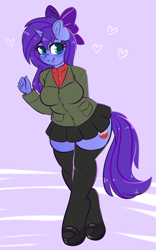 Size: 1199x1920 | Tagged: safe, artist:wickedsilly, oc, oc only, oc:seafood dinner, species:anthro, species:pony, species:unguligrade anthro, species:unicorn, blushing, bow, clothing, cute, female, mare, mary janes, miniskirt, moe, ocbetes, pleated skirt, school uniform, shoes, skirt, socks, thigh highs, thighs, zettai ryouiki