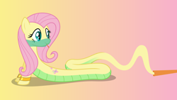 Size: 11200x6300 | Tagged: safe, artist:parclytaxel, character:fluttershy, species:lamia, species:pony, .svg available, absurd resolution, ain't never had friends like us, armband, ask, danger noodle, female, fluttersnake, forked tongue, genie, genie pony, gradient background, lamiafied, looking back, mare, original species, solo, tongue out, tumblr, vacuum cleaner, vector, veil