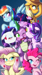 Size: 2286x4000 | Tagged: safe, artist:danmakuman, character:applejack, character:fluttershy, character:pinkie pie, character:rainbow dash, character:rarity, character:spike, character:starlight glimmer, character:twilight sparkle, species:dragon, species:earth pony, species:pegasus, species:pony, species:unicorn, ship:applespike, ship:flutterspike, ship:pinkiespike, ship:rainbowspike, ship:sparity, ship:sparlight, ship:twispike, blushing, commission, eyes closed, female, floating heart, harem, heart, kiss on the cheek, kiss sandwich, kissing, lucky bastard, male, mane eight, mane seven, mane six, mare, one eye closed, open mouth, polyamory, shipping, smiling, spike gets all the mares, spikelove, straight, wink