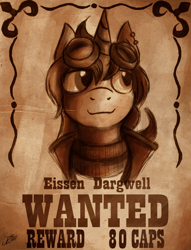 Size: 2042x2671 | Tagged: safe, artist:jamescorck, oc, oc only, oc:eissen, species:pony, species:unicorn, fallout equestria, fallout, goggles, male, reward, sketch, stable, stallion, the hopeful four, wanted poster, western