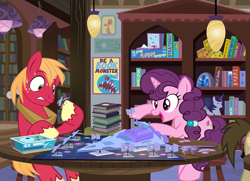 Size: 1072x775 | Tagged: safe, artist:pixelkitties, character:big mcintosh, character:sugar belle, species:earth pony, species:pony, species:unicorn, ship:sugarmac, abobo, battlecloud, battleship, book, bookshelf, call of cthulhu, crossover, dice, female, gurps, lament configuration, male, mare, shipping, show accurate, stallion, star destroyer, star wars, straight, stratego, table, tabletop gaming, tie fighter, x-wing, yu-gi-oh!