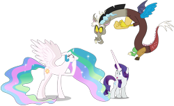 Size: 3955x2416 | Tagged: safe, artist:dashiesparkle edit, artist:hendro107, artist:parclytaxel, edit, editor:slayerbvc, character:discord, character:princess celestia, character:rarity, species:alicorn, species:draconequus, species:pony, species:unicorn, episode:celestial advice, episode:dungeons & discords, episode:the gift of the maud pie, g4, my little pony: friendship is magic, accessory-less edit, barehoof, body part swap, discord being discord, edited edit, faec, female, horn, looking down, male, mare, missing accessory, partial body swap, raised hoof, shocked, simple background, spread wings, surprised, swap, transparent background, vector, vector edit, wide eyes, wings
