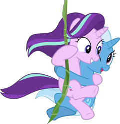 Size: 5785x6003 | Tagged: safe, artist:jhayarr23, character:starlight glimmer, character:trixie, species:pony, species:unicorn, episode:on the road to friendship, absurd resolution, cute, diatrixes, female, glimmerbetes, mare, simple background, swinging, transparent background, vector, vine