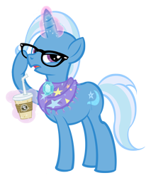 Size: 1566x1900 | Tagged: safe, artist:pixelkitties, character:trixie, species:pony, species:unicorn, clothing, female, glasses, hay smoothie, hipster, magic, mare, raised hoof, scarf, simple background, solo, starbucks, telekinesis, transparent background