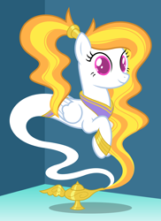 Size: 6400x8800 | Tagged: safe, artist:parclytaxel, oc, oc only, oc:storm shield, species:pegasus, species:pony, .svg available, absurd resolution, bracelet, corner, female, flowing mane, genie, genie pony, geniefied, jewelry, lamp, looking at you, mare, monster mare, peytral, ponytail, raised hoof, smiling, solo, vector, waistband, ych result