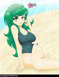 Size: 773x1000 | Tagged: safe, alternate version, artist:clouddg, character:wallflower blush, g4, my little pony: equestria girls, my little pony:equestria girls, adorasexy, barefoot, beach, big breasts, breasts, busty wallflower blush, cleavage, clothing, crepuscular rays, cute, feet, female, human coloration, legs, ocean, one-piece swimsuit, sand, sexy, solo, swimsuit, thighs