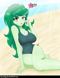 Size: 773x1000 | Tagged: safe, artist:clouddg, character:wallflower blush, g4, my little pony: equestria girls, my little pony:equestria girls, adorasexy, barefoot, beach, big breasts, breasts, busty wallflower blush, cleavage, clothing, crepuscular rays, cute, feet, female, ocean, one-piece swimsuit, open mouth, sand, sexy, solo, swimsuit