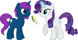 Size: 12444x6400 | Tagged: safe, artist:parclytaxel, character:rarity, oc, oc:thunder glade, species:pony, species:unicorn, .svg available, absurd resolution, alternate hairstyle, commission, female, hairbrush, levitation, magic, makeover, male, mare, raised hoof, simple background, stallion, telekinesis, transparent background, vector