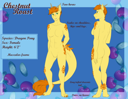 Size: 1024x794 | Tagged: safe, artist:jc_bbqueen, oc, oc only, oc:chestnut roast, species:anthro, species:digitigrade anthro, species:dracony, anthro oc, ass, breasts, butt, commission, featureless breasts, featureless crotch, female, freckles, hybrid, nudity, rear view, reference sheet, smiling, solo