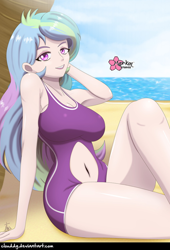 Size: 678x1000 | Tagged: safe, alternate version, artist:clouddg, character:princess celestia, character:principal celestia, my little pony:equestria girls, armpits, beach, belly button, big breasts, breasts, busty princess celestia, clothing, female, human coloration, navel cutout, ocean, one-piece swimsuit, praise the sun, sand, sexy, signature, solo, stupid sexy celestia, swimsuit, thighs
