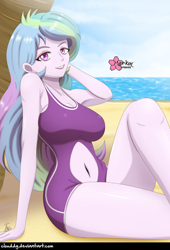 Size: 678x1000 | Tagged: safe, artist:clouddg, character:princess celestia, character:principal celestia, my little pony:equestria girls, armpits, beach, belly button, big breasts, breasts, busty princess celestia, clothing, female, navel cutout, ocean, one-piece swimsuit, praise the sun, sand, sexy, signature, solo, swimsuit, thighs