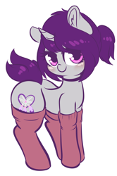 Size: 1276x1920 | Tagged: safe, artist:wickedsilly, oc, oc only, oc:wicked silly, species:pony, species:unicorn, blushing, choker, clothing, cute, female, looking at you, mare, simple background, smiling, socks, solo, white background