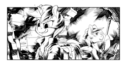 Size: 2550x1350 | Tagged: safe, artist:hobbes-maxwell, oc, oc:calamity, oc:littlepip, species:pegasus, species:pony, species:unicorn, fallout equestria, anti-machine rifle, anti-materiel rifle, bank, black and white, bobby pin, clothing, dashite, ear fluff, fallout equestria illustrated, fanfic, fanfic art, female, fillydelphia, glowing horn, grayscale, gun, hat, hoof fluff, hooves, horn, levitation, lockpicking, magic, male, mare, monochrome, open mouth, rifle, saddle bag, screwdriver, spitfire's thunder, stallion, teeth, telekinesis, tongue out, vault suit, weapon, wings