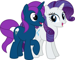 Size: 8000x6400 | Tagged: safe, artist:parclytaxel, character:rarity, oc, oc:thunder glade, species:pony, species:unicorn, .svg available, absurd resolution, alternate hairstyle, commission, female, makeover, male, mare, simple background, smiling, stallion, transparent background, vector