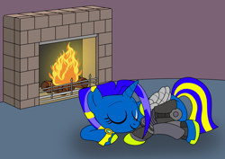 Size: 1550x1100 | Tagged: safe, artist:linedraweer, oc, oc only, oc:shay, species:alicorn, species:pony, alicorn oc, amputee, android, artificial wings, augmented, commission, curling, female, fire, fireplace, mechanical wing, metal wing, prosthetic leg, prosthetic limb, prosthetic wing, prosthetics, robot, robot pony, scar, sleeping, solo, sports, wings