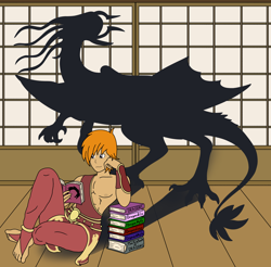 Size: 1546x1524 | Tagged: safe, artist:linedraweer, oc, oc:von, species:dragon, species:human, book, clothing, commission, dojo, feet, horns, humanized, imagination, lying down, male, mythology, reading
