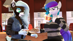 Size: 1920x1080 | Tagged: safe, artist:anthroponiessfm, oc, oc only, oc:aurora starling, oc:ryiah, species:anthro, species:deer, 3d, adorable face, anthro oc, breasts, cafe, clothing, coffee, cookie, cute, deer oc, explicit source, female, food, glasses, heterochromia, long mane, looking at each other, source filmmaker