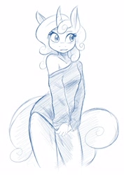 Size: 2153x3040 | Tagged: safe, artist:ambris, character:sweetie belle, species:anthro, species:pony, species:unicorn, bare shoulders, blushing, bottomless, clothing, curved horn, cute, diasweetes, female, horn, mare, monochrome, off shoulder, off shoulder sweater, older, older sweetie belle, simple background, sketch, smiling, solo, sweater, white background