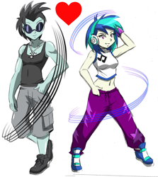 Size: 2029x2272 | Tagged: safe, artist:danmakuman, edit, character:dj pon-3, character:neon lights, character:rising star, character:vinyl scratch, my little pony:equestria girls, belly button, clothing, costume, female, headphones, heart, male, midriff, pants, shipping, shoes, simple background, sleeveless, sneakers, straight, sunglasses, sweatpants, vinylights, white background