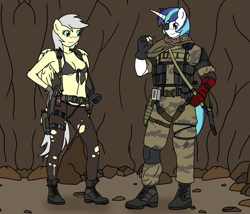 Size: 1169x1000 | Tagged: safe, artist:linedraweer, character:shining armor, oc, oc:silverlay (pegasus), species:anthro, species:pegasus, species:pony, anthro oc, armorlay, army, bootle, canon x oc, cave, cigar, cigarette, clothing, commission, eyepatch, female, gun, knife, metal gear, military, military uniform, pants, punished snake, quiet (metal gear), rifle, scar, shirt, solid snake, venom snake, weapon, wings
