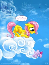 Size: 750x1000 | Tagged: safe, artist:kp-shadowsquirrel, character:fluttershy, species:pegasus, species:pony, cloud, cloudsdale, cloudy, crying, doll, female, filly, filly fluttershy, floppy ears, solo, younger