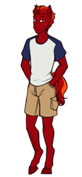 Size: 995x2138 | Tagged: safe, artist:jc_bbqueen, oc, oc only, oc:firefall, species:anthro, species:pony, species:unguligrade anthro, species:unicorn, art trade, clothing, hands in pockets, male, shirt, shorts, simple background, smiling, solo, stallion