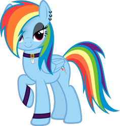 Size: 4258x4500 | Tagged: safe, artist:slb94, character:rainbow dash, species:pegasus, species:pony, absurd resolution, alternate hairstyle, armband, collar, female, goth, lidded eyes, looking at you, raised hoof, simple background, solo, transparent background, vector