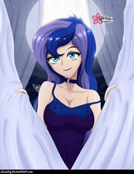 Size: 773x1000 | Tagged: safe, alternate version, artist:clouddg, character:princess luna, character:vice principal luna, my little pony:equestria girls, breasts, busty princess luna, choker, clothing, female, full moon, human coloration, lingerie, looking at you, moon, nightgown, sexy, signature, solo, vice principal luna