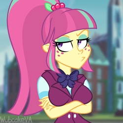 Size: 1000x1000 | Tagged: safe, artist:wubcakeva, character:sour sweet, my little pony:equestria girls, breasts, busty sour sweet, clothing, crystal prep academy uniform, female, freckles, looking at you, ponytail, pouting, school uniform, scowl, solo