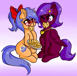 Size: 1280x1263 | Tagged: safe, artist:wickedsilly, oc, oc only, oc:blueberry crisp, species:earth pony, species:pegasus, species:pony, bow, cookie, cute, female, flower, flower in hair, food, glasses, hair bow, heart, jewelry, lesbian, mare, necklace, one eye closed, wink