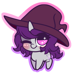Size: 4296x4202 | Tagged: safe, artist:wickedsilly, oc, oc only, oc:wicked silly, species:pony, species:unicorn, absurd resolution, blushing, chibi, clothing, cute, female, hat, looking at you, mare, one eye closed, simple background, smiling, solo, transparent background, wink, witch