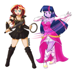 Size: 3072x2896 | Tagged: safe, artist:danmakuman, edit, editor:backgroundlol, character:sunset shimmer, character:twilight sparkle, species:human, ship:sunsetsparkle, my little pony:equestria girls, alternate costumes, alternate universe, armor, armor skirt, armpits, boots, chakram, clothing, dress, female, high res, humanized, lesbian, princess, shipping, shoes, simple background, skirt, sword, weapon, xena
