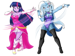Size: 3666x2728 | Tagged: safe, artist:danmakuman, edit, editor:backgroundlol, character:trixie, character:twilight sparkle, ship:twixie, my little pony:equestria girls, armpits, boots, clothing, costume, cutie mark accessory, dress, duo, evening gloves, female, fishnets, gloves, high heel boots, leotard, lesbian, long gloves, magician outfit, pantyhose, shipping, shoes, simple background, smiling, thigh boots, underass, white background