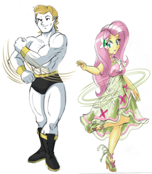 Size: 1922x2194 | Tagged: safe, artist:danmakuman, edit, character:bulk biceps, character:fluttershy, ship:flutterbulk, my little pony:equestria girls, clothing, commission, costume, dress, duo, female, legs, male, muscles, shipping, simple background, speedo, straight, street fighter, white background, zangief